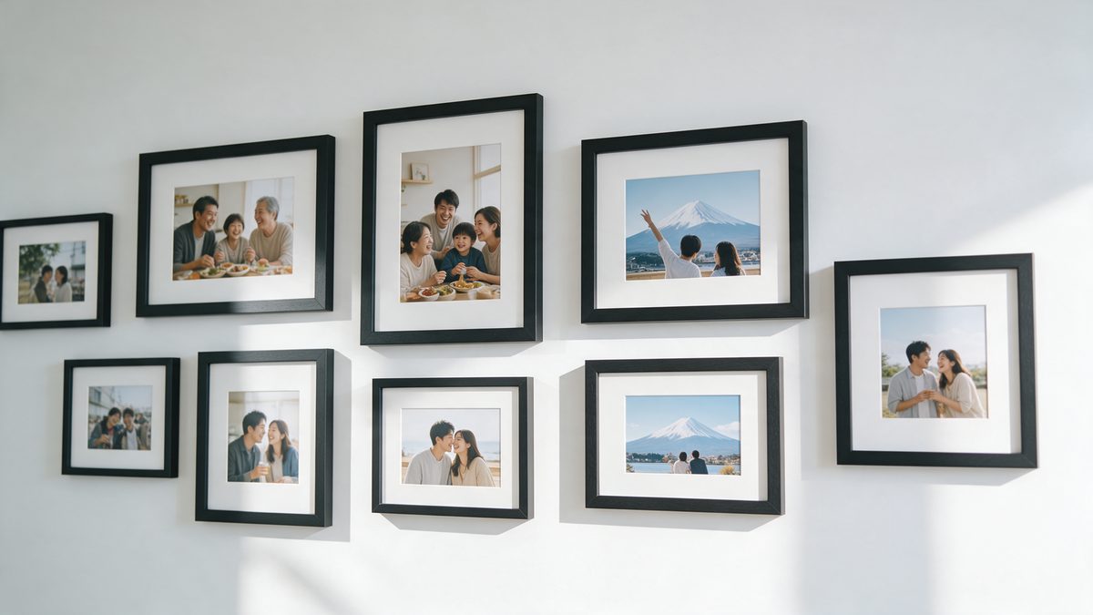 Group of black photo frames with white mats on a white wall