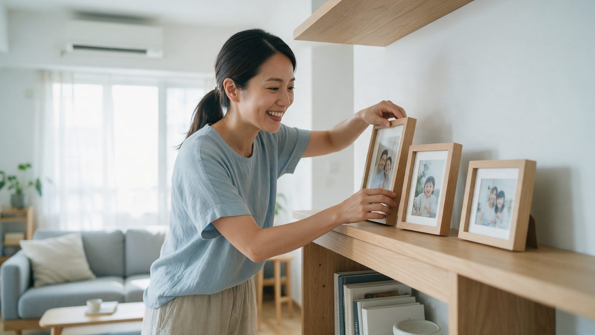 Woman arranging desktop photo frames of different heights on a living room shelf