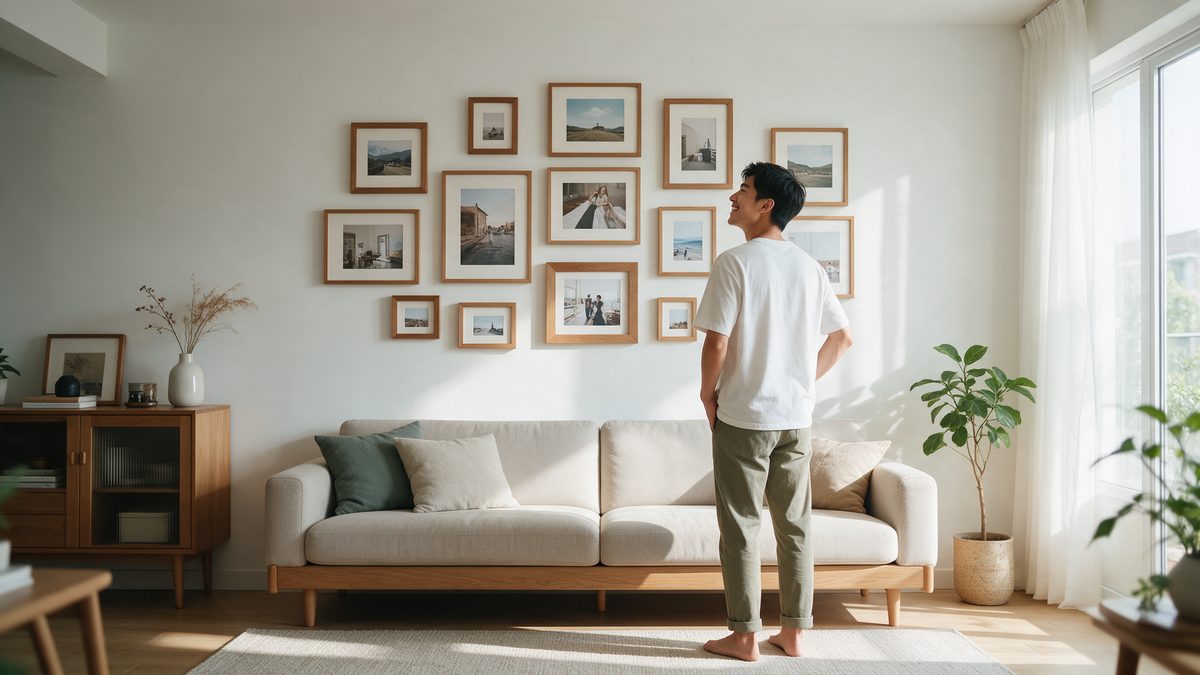Gallery wall of wall mount photo frames above a living room sofa