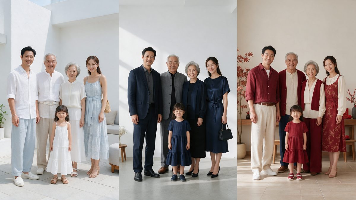 Three family portraits showing colour-coordinated outfits in light, dark and red palettes