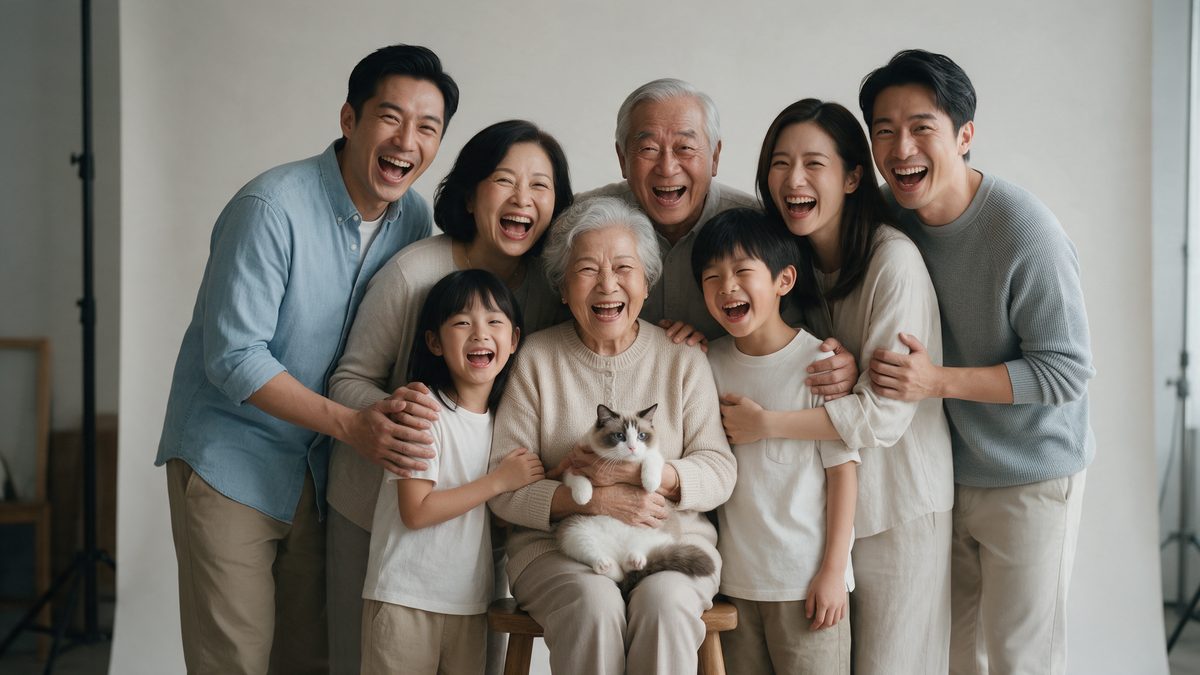 Three-generation family portrait with grandparents seated in the middle and everyone standing close