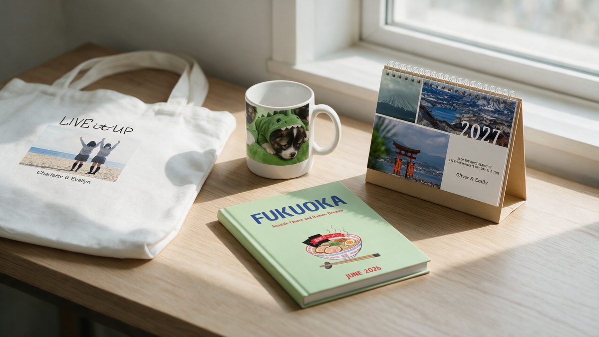 Personalized gift set: printed tote bag, photo mug, desk calendar and travel photo book