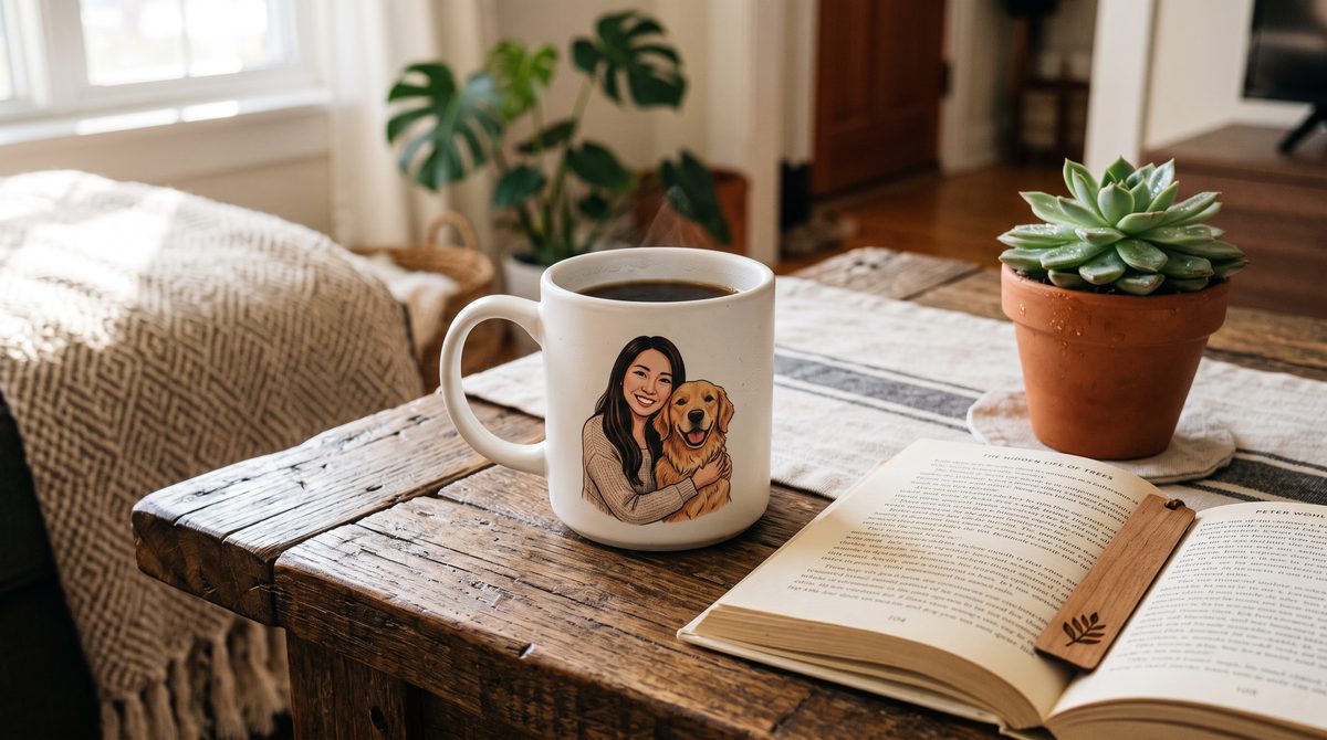 Personalized photo mug printed with an illustration of the owner and her dog