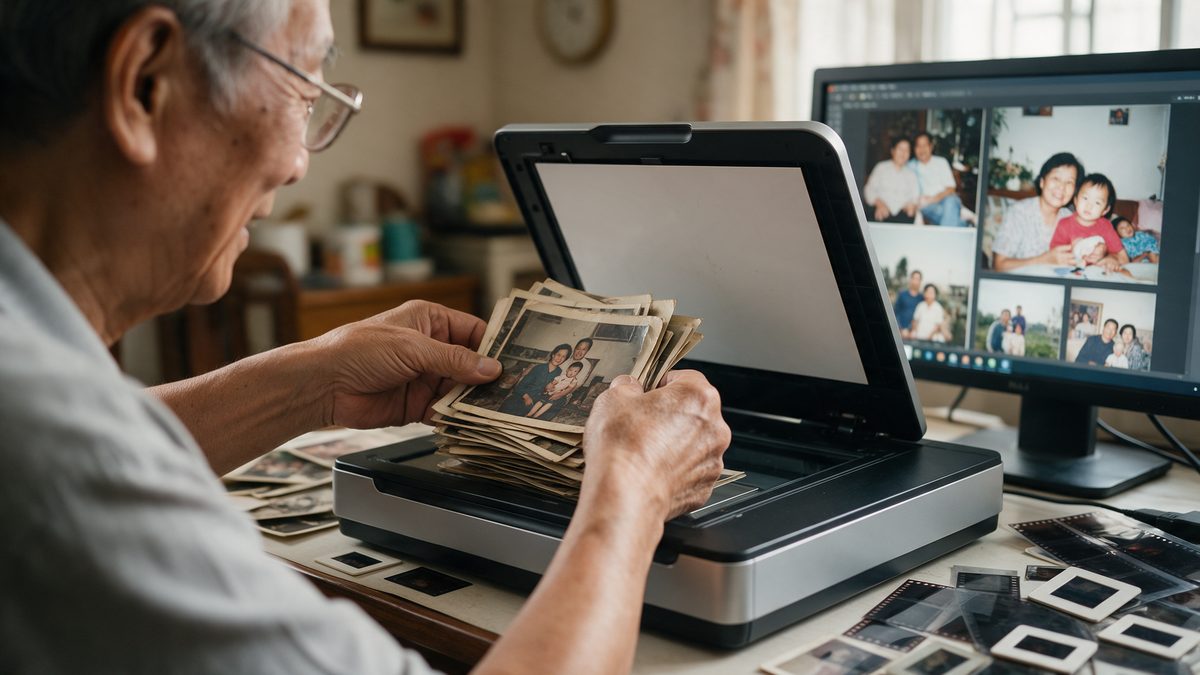 Elderly man scanning old family photos on a flatbed scanner