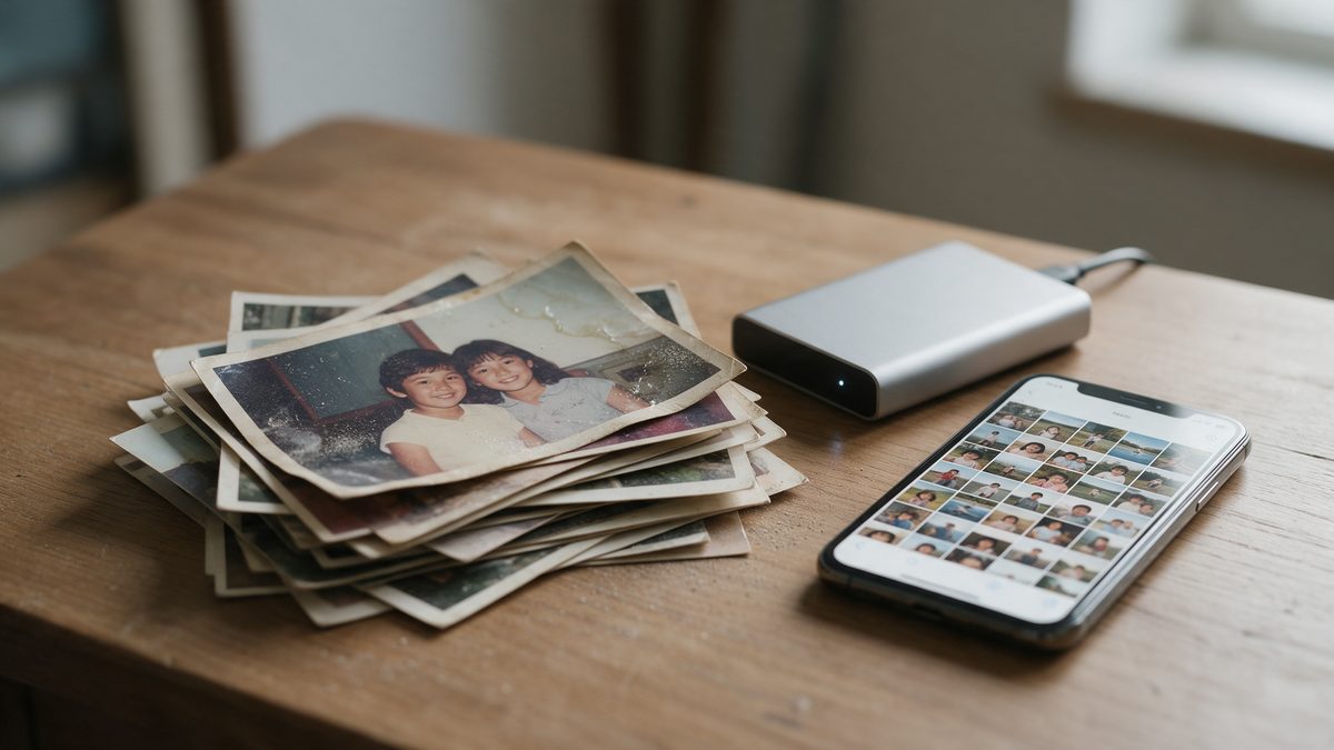 Stack of old photos beside an external hard drive and a smartphone showing a digital photo library