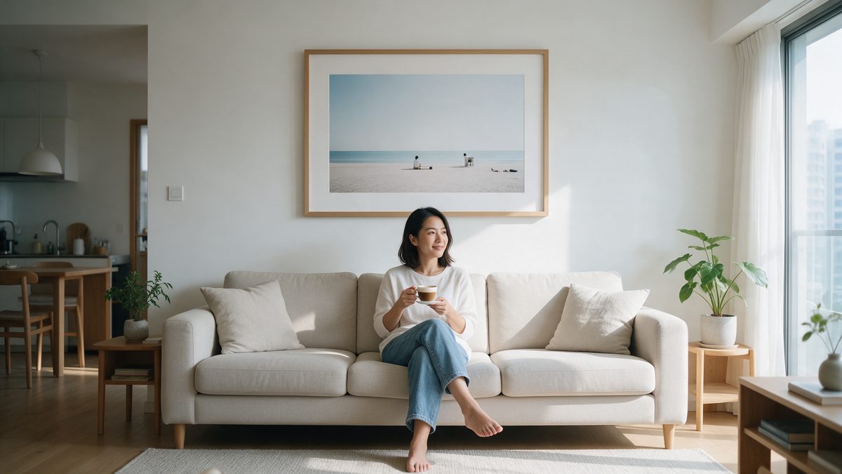 Large framed print hung above a sofa at about two-thirds of the sofa's width