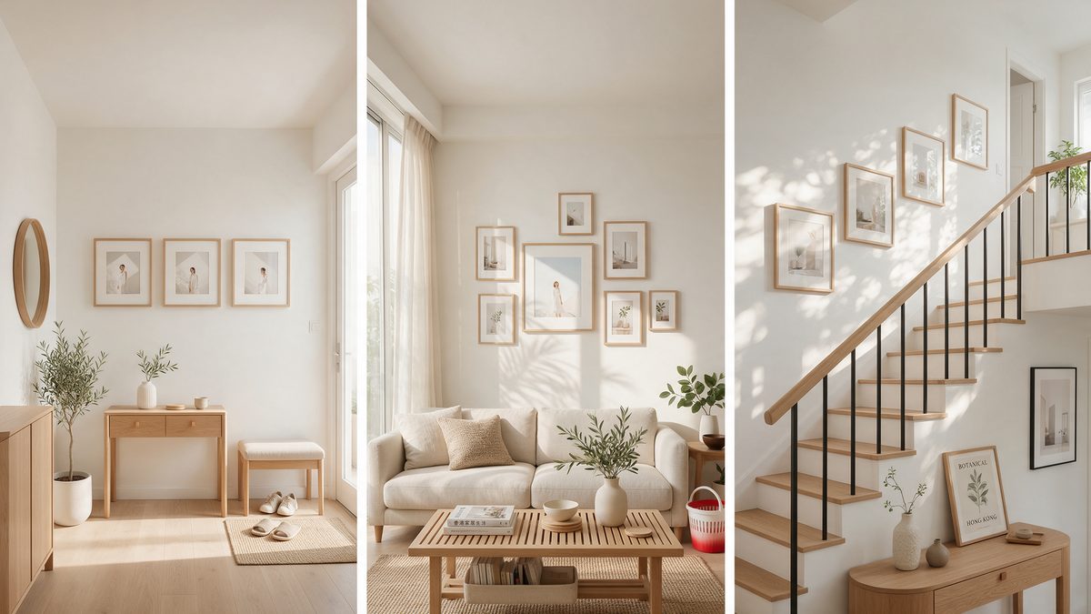 Three gallery wall layouts: symmetrical grid, centre-out cluster and staircase diagonal