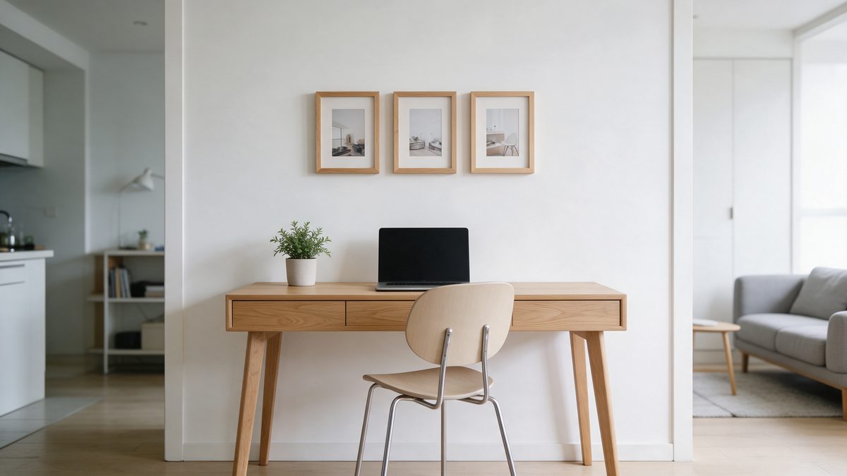 Three small frames hung as a set above a desk